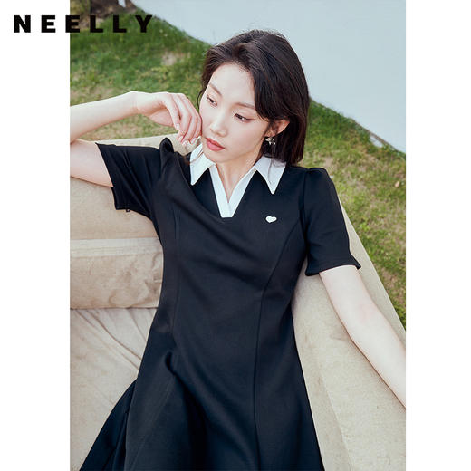 NEELLY纳俪夏季学院风黑色连衣裙女修身显瘦POLO领A字裙小个子潮N23044Y05510 商品图2