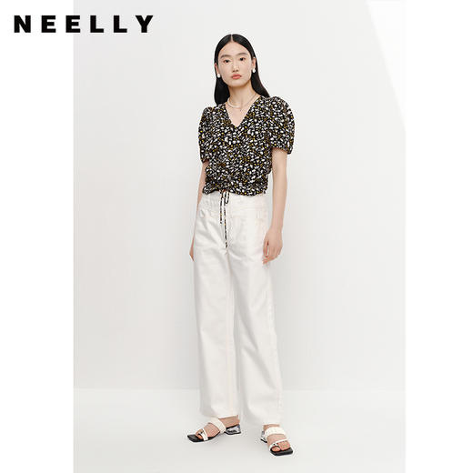 NEELLY纳俪商场同款V领短袖碎花衬衫女抽绳显瘦别致上衣夏季新款N23042R01043 商品图1