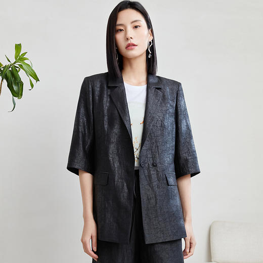 玳莎【龟裂纹香云纱】七分袖西装女2023年夏季新款通勤重磅桑蚕丝外套  DB37203 商品图0