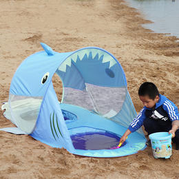 【免搭建的沙滩帐篷 可玩水】儿童沙滩帐篷免安装双人玩耍游戏屋 一抛即开 鲨鱼小帐篷 双色可选 4步即可收纳