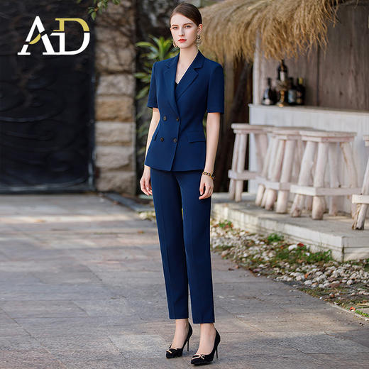 AD高端职业装正装女总裁商务套装藏青色短袖西服双排扣气质工作服 商品图3