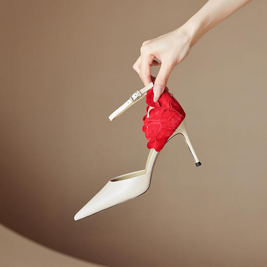 一字扣包头凉鞋，夏季欧美细跟红花职业黑色尖头包跟米色高跟鞋XC-S066 商品图6