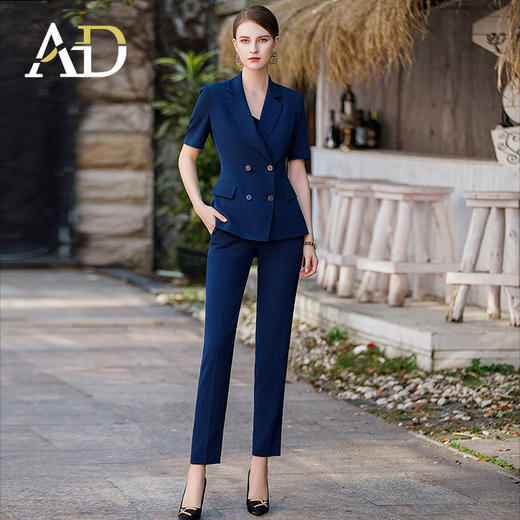 AD高端职业装正装女总裁商务套装藏青色短袖西服双排扣气质工作服 商品图0