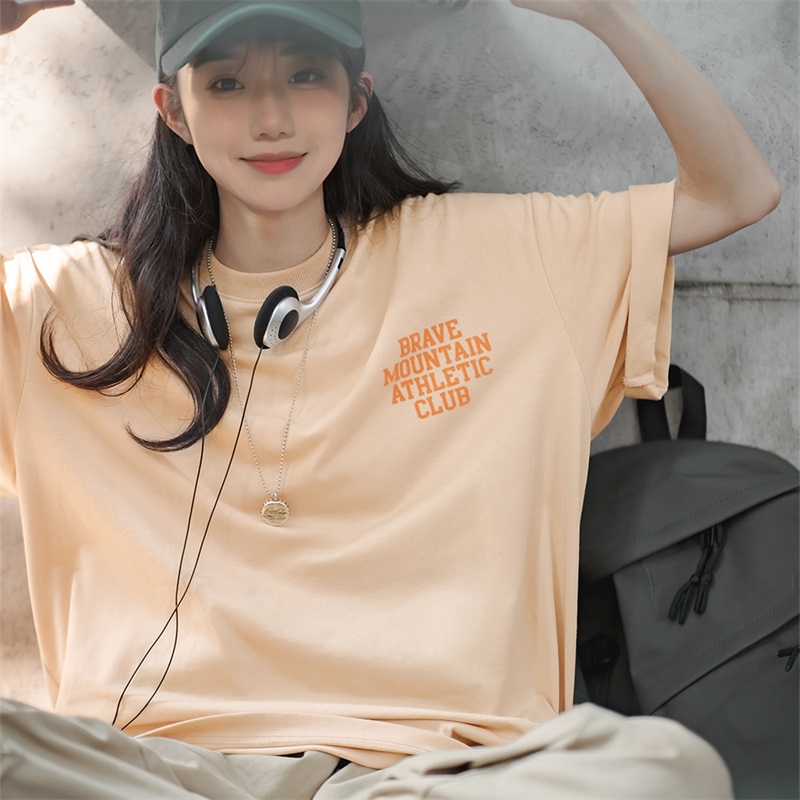 马登女装美式休闲马卡龙纯色短袖T恤字母印花多巴胺女孩穿搭上衣