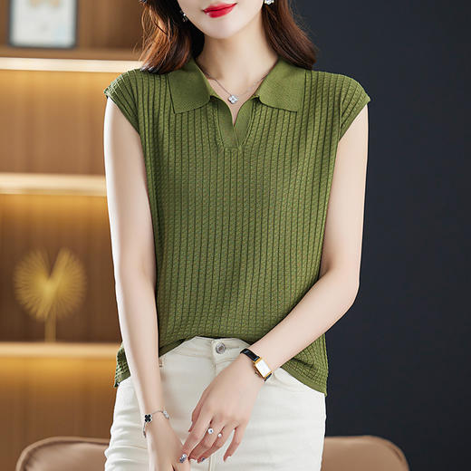 薄款翻领无袖t恤，夏季新款妈妈夏装洋气polo衫冰丝针织衫CC-89-3313 商品图3
