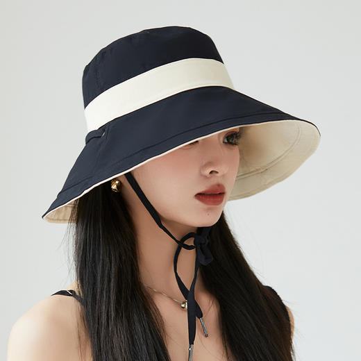 ZQ-L2-M2422双面戴日系全棉拼色抽绳渔夫帽子女韩国春夏显脸小平顶大沿盆帽潮 商品图1