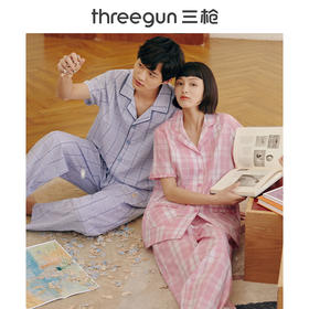 Threegun三枪 【纯棉】彩格翻领开襟短袖长裤女士家居套家居服-81858D011