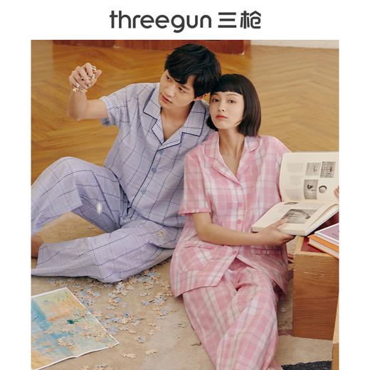 Threegun三枪 【纯棉】彩格翻领开襟短袖长裤女士家居套家居服-81858D011 商品图0