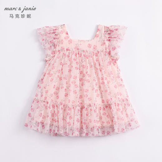 马克珍妮新款夏装 女童粉色碎花蝴蝶袖网纱连衣裙230818 商品图1