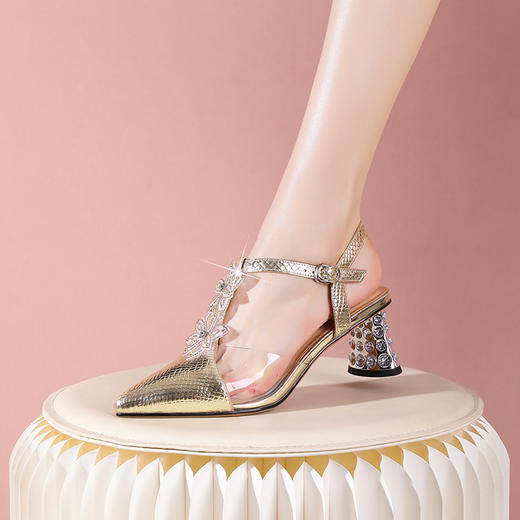 优雅百搭，尖头超迁皮拼接花朵高跟凉鞋YSML-A079-168 商品图4