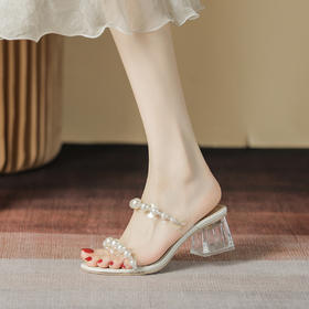 【服装鞋包】夏季新款珍珠透明跟粗跟中跟罗马仙女鞋