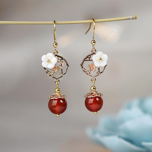 JGL-03220327古风耳环贝壳花手工耳坠红玛瑙简约日常耳环女耳环 商品图3