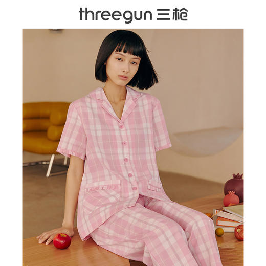 Threegun三枪 【纯棉】彩格翻领开襟短袖长裤女士家居套家居服-81858D011 商品图4