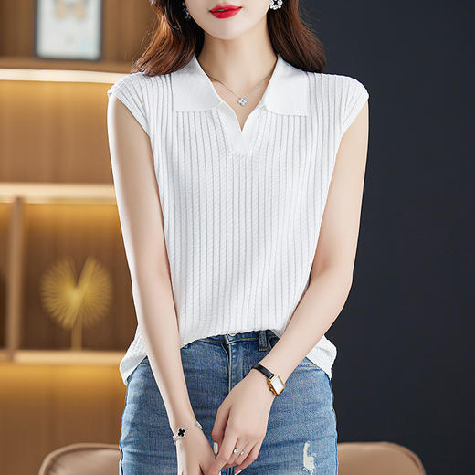 薄款翻领无袖t恤，夏季新款妈妈夏装洋气polo衫冰丝针织衫CC-89-3313 商品图1