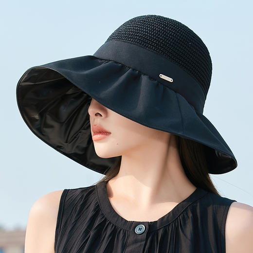 ZQ-X1-M2433新款大檐遮阳帽黑胶渔夫帽时尚拼接显脸小太阳帽 商品图1