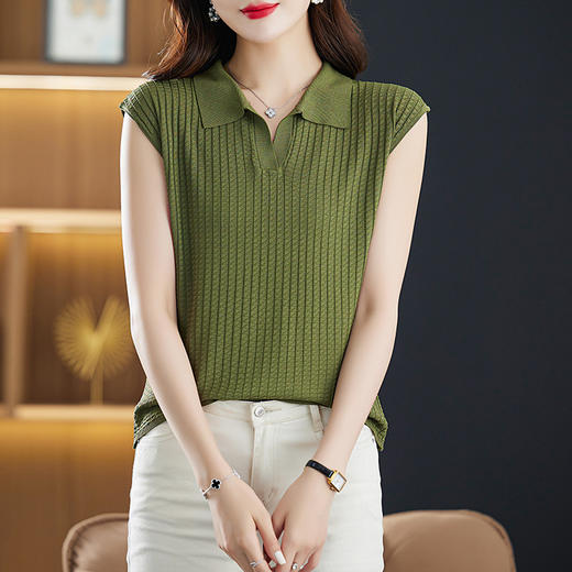 薄款翻领无袖t恤，夏季新款妈妈夏装洋气polo衫冰丝针织衫CC-89-3313 商品图7