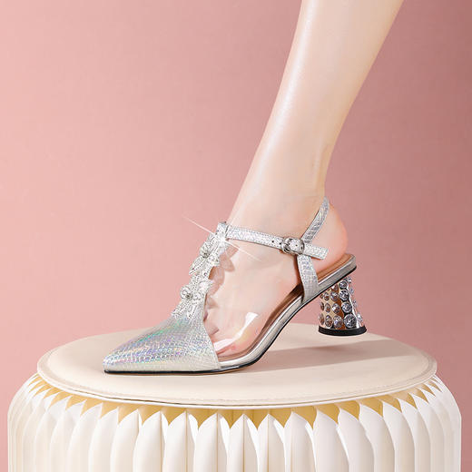 优雅百搭，尖头超迁皮拼接花朵高跟凉鞋YSML-A079-168 商品图3