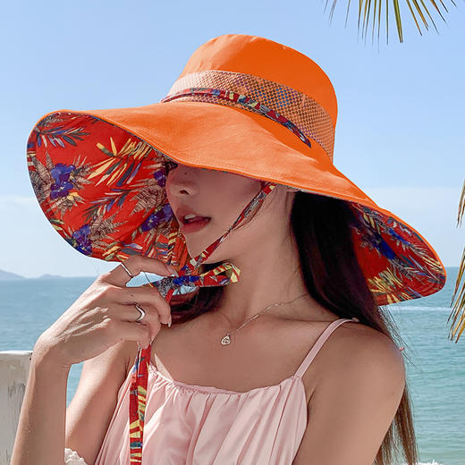 ZQ-X2-M2446帽子女夏季新款印花渔夫帽户外防风大檐帽遮脸太阳帽 商品图3