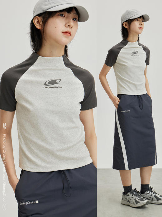 CryingCenter 燕麦灰美式小高领logo印花拼接插肩短袖tee哭喊中心 商品图2