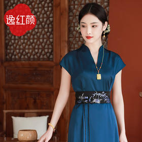 2025年夏季新款中式连衣裙女红蓝色复古气质修身中长款V领莞莞
