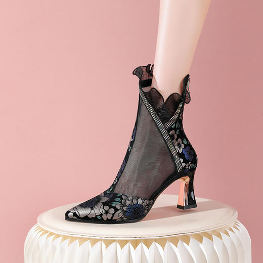 性感百搭，羊京绒拼接网纱尖头中空高跟短靴YSML-D787-203 商品图2