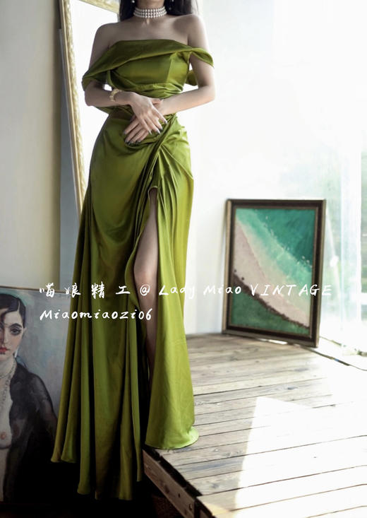 #1310【复团】喵娘精工丨定制《月下秋香》复古性感缎面个性捏褶开叉连衣长裙 商品图10