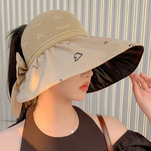 ZQ-M1-M2288夏季黑胶空顶遮阳帽甜美蝴蝶结帽女大沿爱心太阳帽子 商品图3