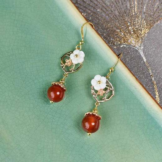 JGL-03220327古风耳环贝壳花手工耳坠红玛瑙简约日常耳环女耳环 商品图2