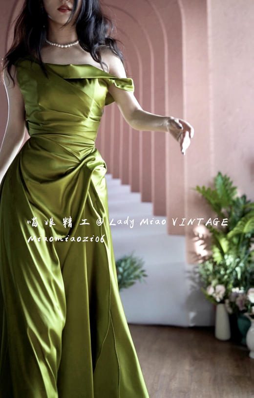 #1310【复团】喵娘精工丨定制《月下秋香》复古性感缎面个性捏褶开叉连衣长裙 商品图7