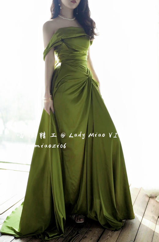 #1310【复团】喵娘精工丨定制《月下秋香》复古性感缎面个性捏褶开叉连衣长裙 商品图8
