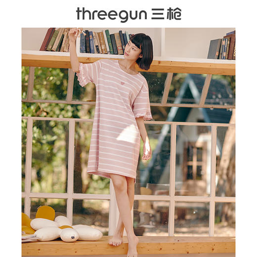 Threegun三枪 【彩条水柔棉】圆领短袖女士家居裙睡裙-70431A011 商品图4