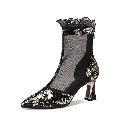 春夏新款，羊京绒拼接网纱尖头高跟花边短靴YSML-D787-197 商品图3