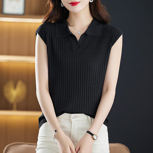 薄款翻领无袖t恤，夏季新款妈妈夏装洋气polo衫冰丝针织衫CC-89-3313 商品图8