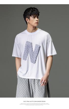 PINLI品立2023夏季新款字母短袖T恤男士立体贴布休闲体恤潮牌上衣B232111041