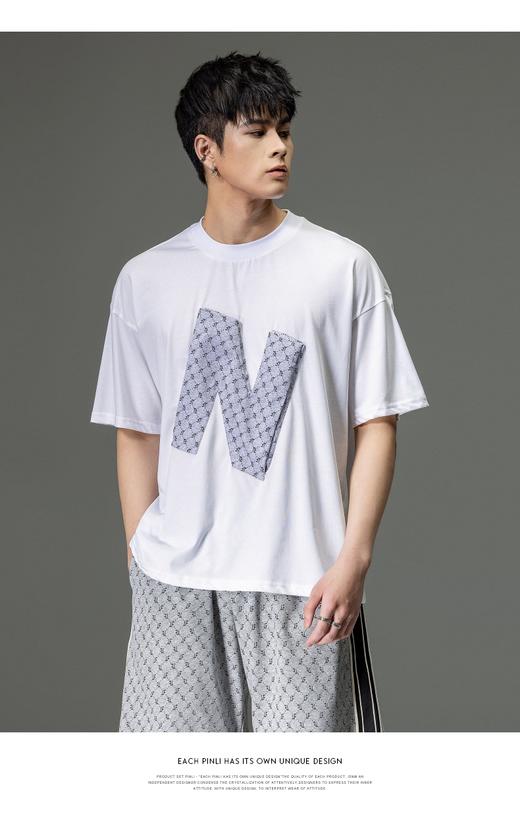 PINLI品立2023夏季新款字母短袖T恤男士立体贴布休闲体恤潮牌上衣B232111041 商品图0