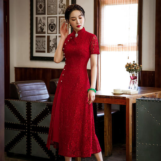 复古气质，长款中国风短袖婚礼宴会改良旗袍连衣裙SYG278 商品图1