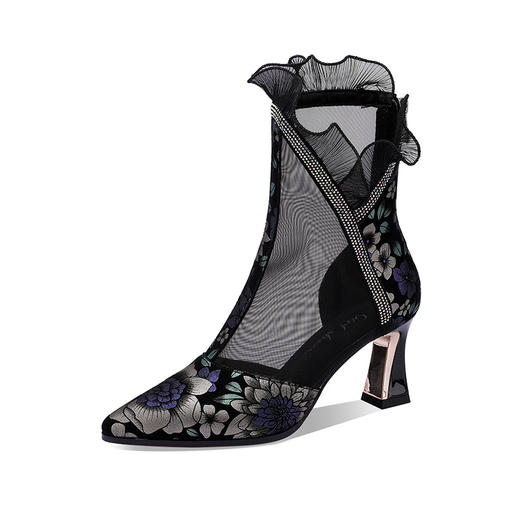 性感百搭，羊京绒拼接网纱尖头中空高跟短靴YSML-D787-203 商品图3