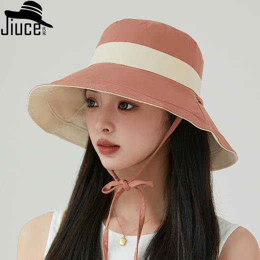 ZQ-L2-M2422双面戴日系全棉拼色抽绳渔夫帽子女韩国春夏显脸小平顶大沿盆帽潮 商品图0