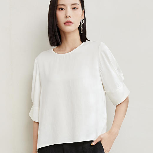 玳莎设计感五分袖小衫女2023年夏季新款百搭米白色宽松圆领上衣  DB31202 商品图3