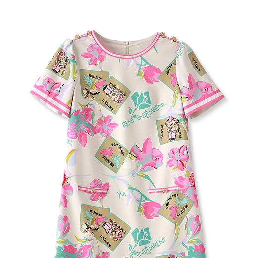 优雅复古，气质名媛感粉色花瓣印花圆领重工艺连衣裙WLZD-2306409 商品图4