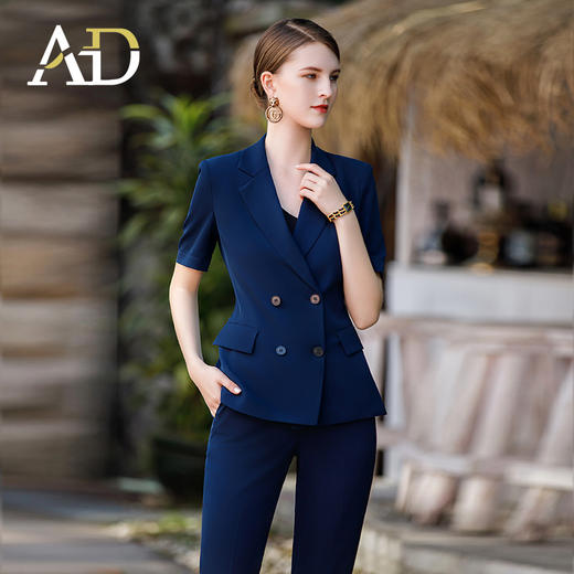 AD高端职业装正装女总裁商务套装藏青色短袖西服双排扣气质工作服 商品图2