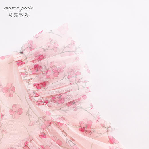 马克珍妮新款夏装 女童粉色碎花蝴蝶袖网纱连衣裙230818 商品图3