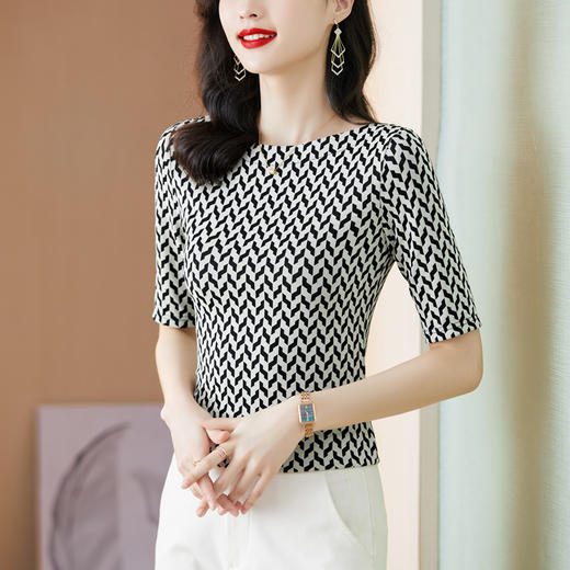 新款一字领经典修身百搭T恤网纱打底衫K-301H9513 商品图2