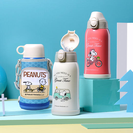 史努比316学生不锈钢保温杯卡通杯儿童水杯吸管杯三盖儿童保温杯 商品图0