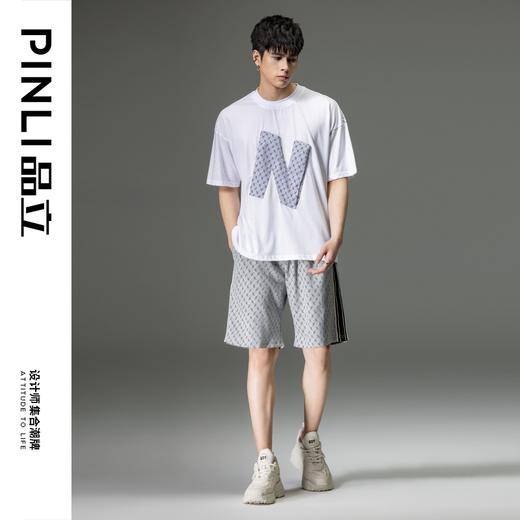 PINLI品立2023夏季新款字母短袖T恤男士立体贴布休闲体恤潮牌上衣B232111041 商品图1