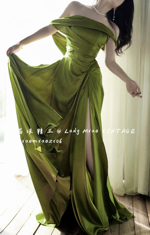 #1310【复团】喵娘精工丨定制《月下秋香》复古性感缎面个性捏褶开叉连衣长裙 商品图9