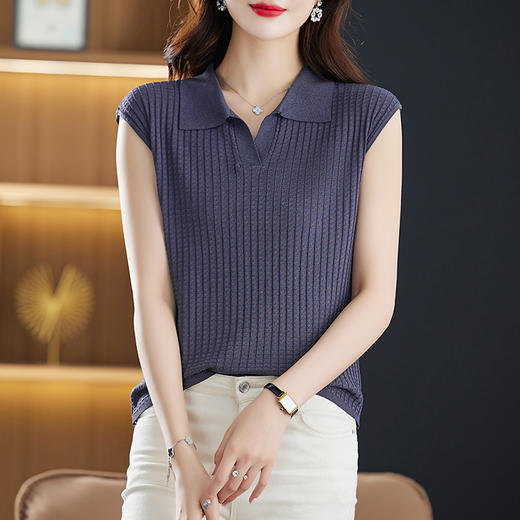 薄款翻领无袖t恤，夏季新款妈妈夏装洋气polo衫冰丝针织衫CC-89-3313 商品图0