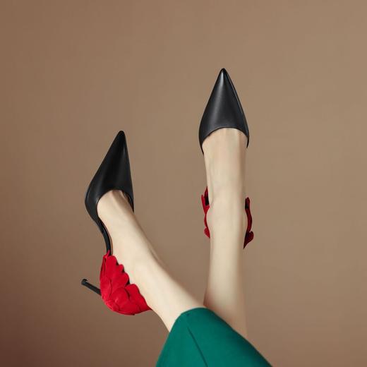 一字扣包头凉鞋，夏季欧美细跟红花职业黑色尖头包跟米色高跟鞋XC-S066 商品图5