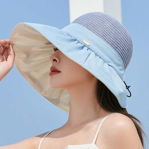 ZQ-X1-M2433新款大檐遮阳帽黑胶渔夫帽时尚拼接显脸小太阳帽 商品图3