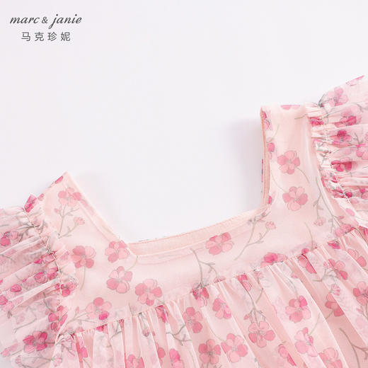 马克珍妮新款夏装 女童粉色碎花蝴蝶袖网纱连衣裙230818 商品图2